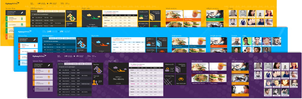 Blue, Yellow, and Purple versions of In-flight Entertainment app