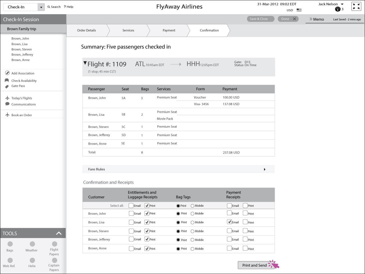 Finishing the payment and check-in. Printing and sending receipts and boarding passes