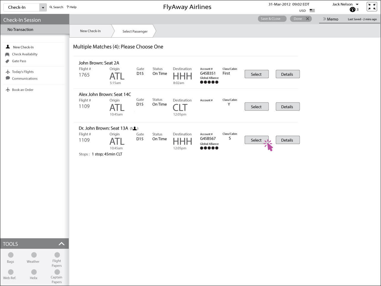 Check-In Agent pulls up the Browns' itinerary\ 