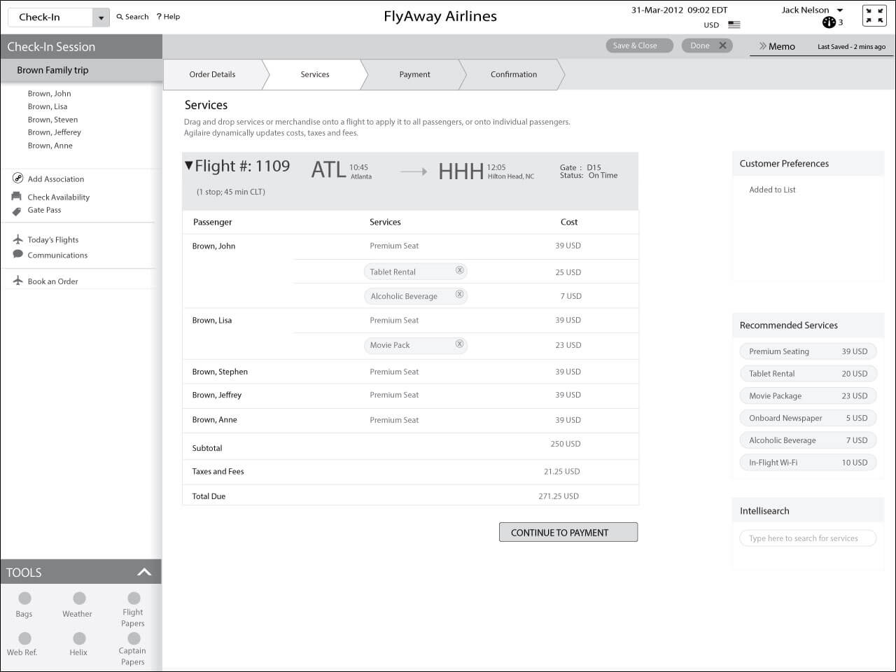 Selecting specific services for the flight