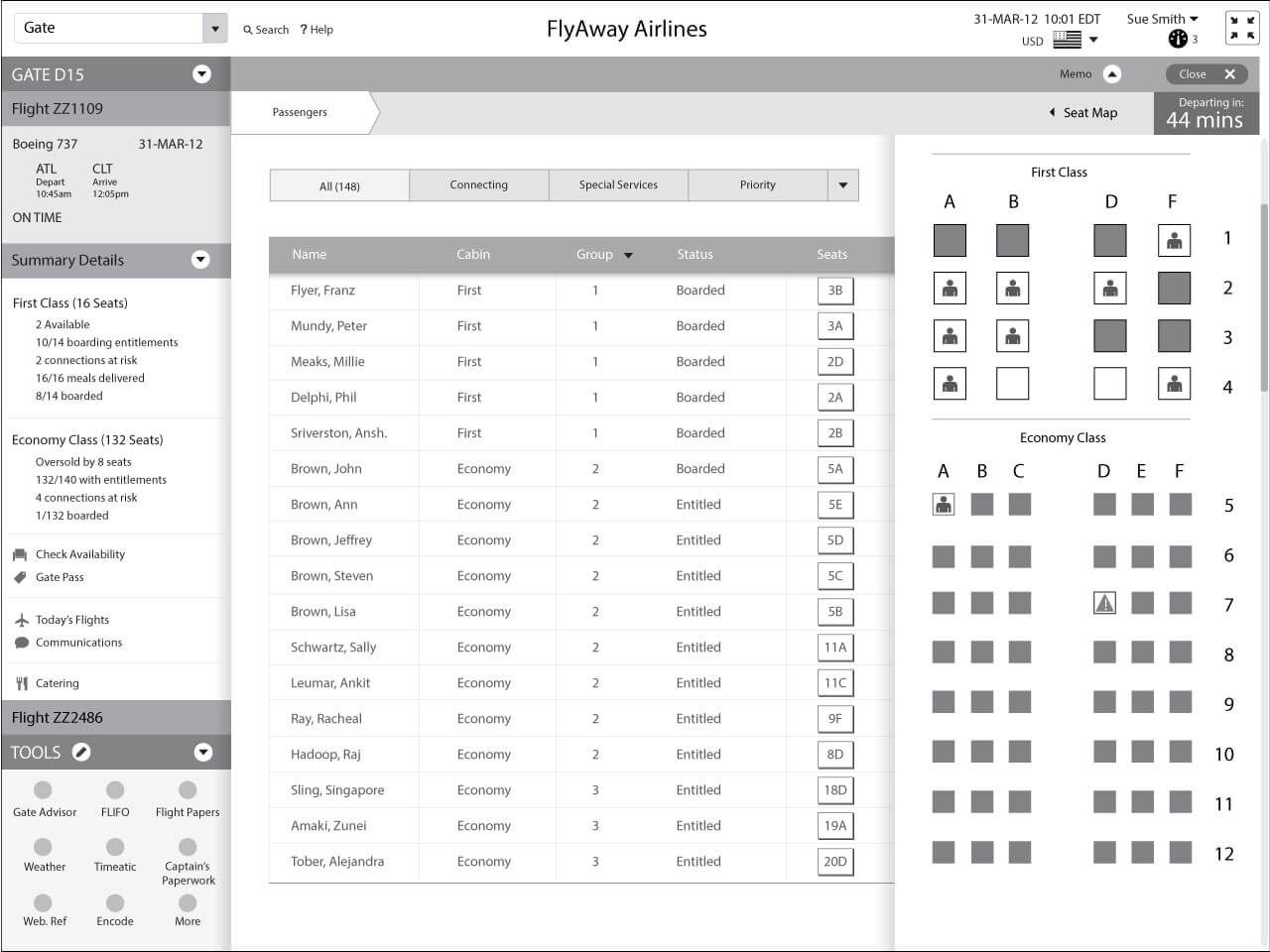 Agent looking at seat map and passengers boarded