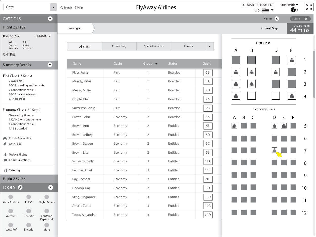 Sue hovering over a gate remark about a passenger in the seat map