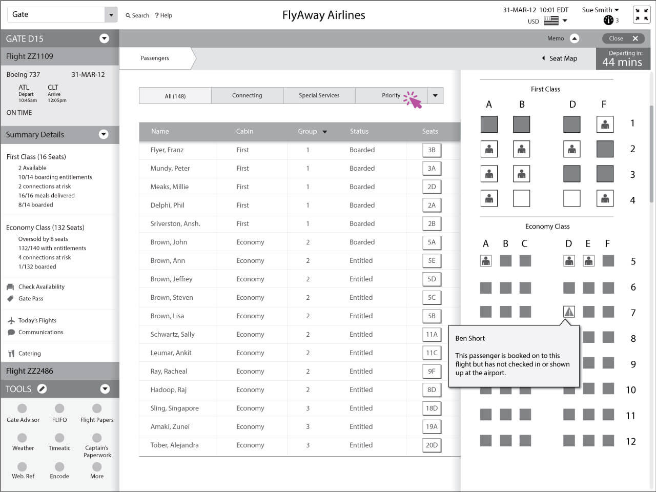 Note for agent showing that passenger has not checked in