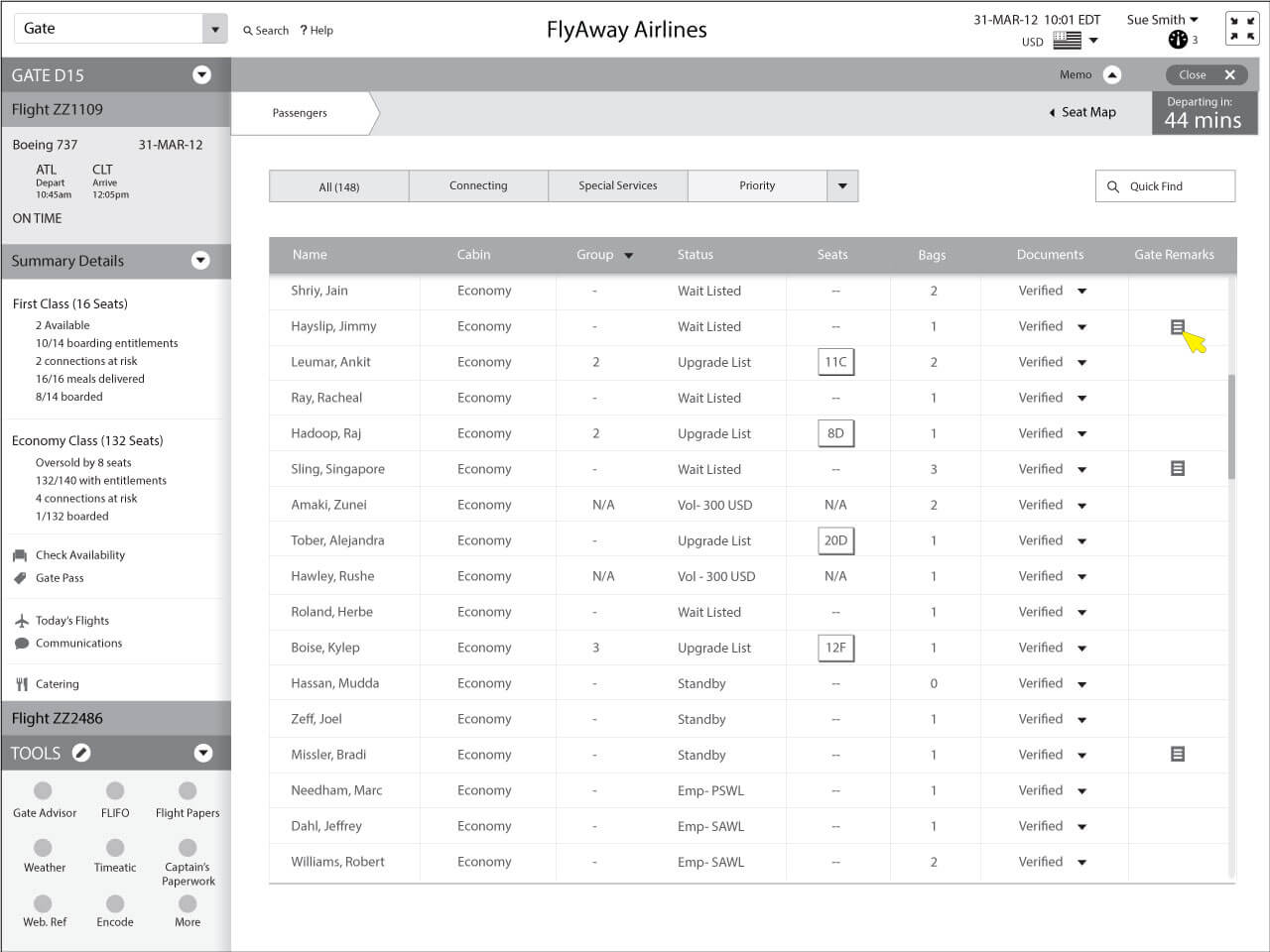 Gate Agent hovering over note about passenger in the seat map