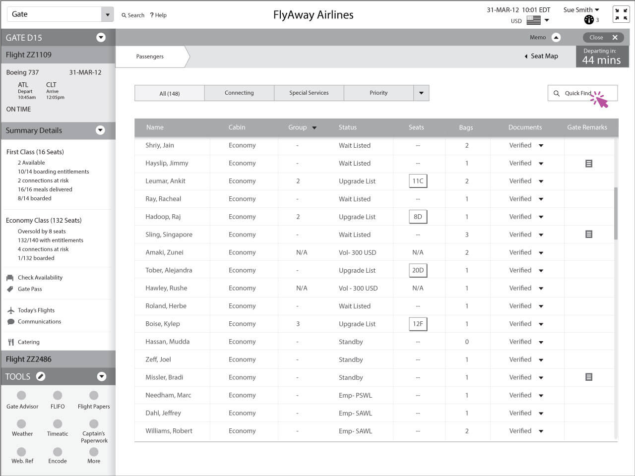 Sue filtering the passenger list to show only passengers on the upgrade list