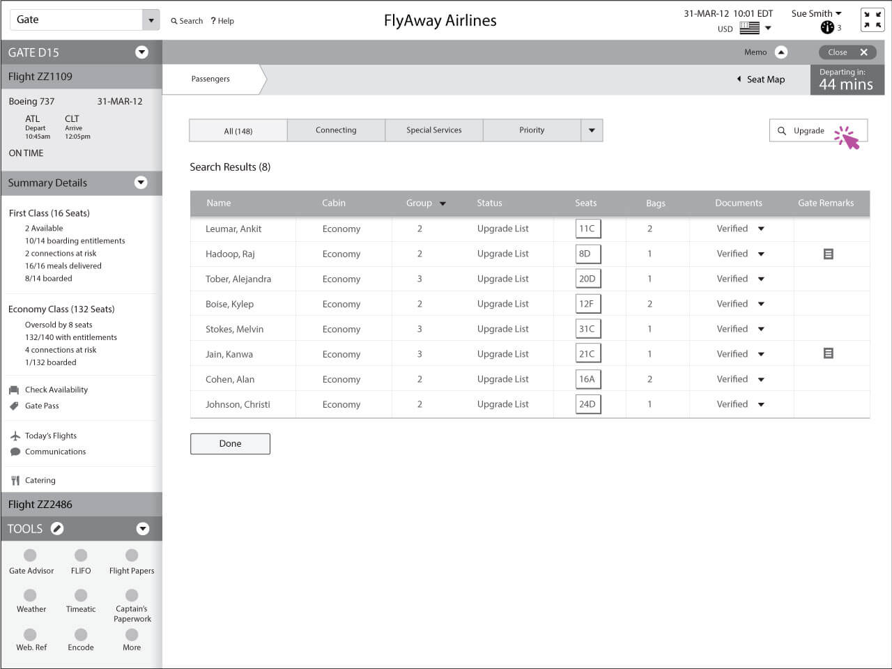 System showing the Upgrade List of passengers