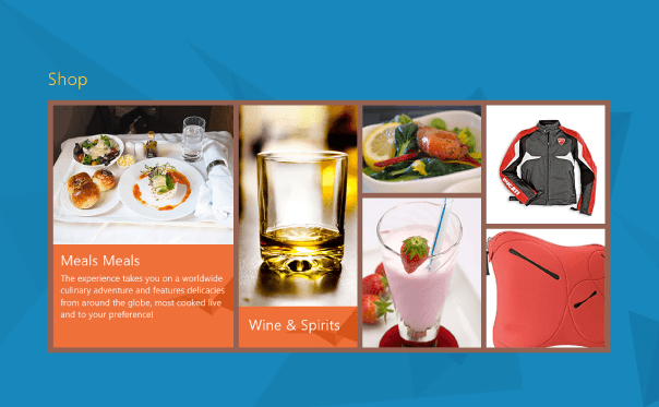 In-flight entertainment app showing Merchandising section