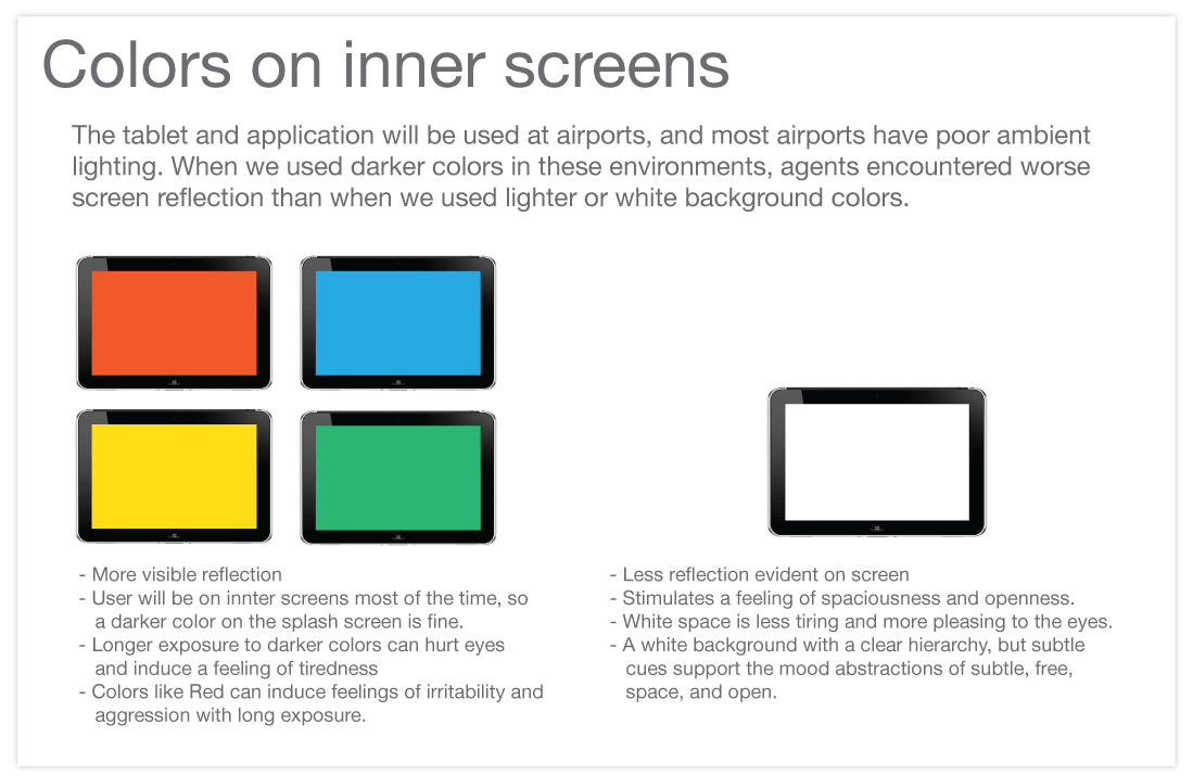 Colors selected as part of visual design for inner screens