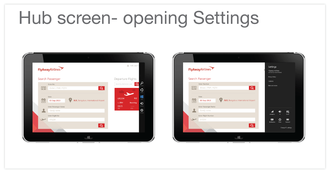 Hub screen visual design using red theme with Settings open