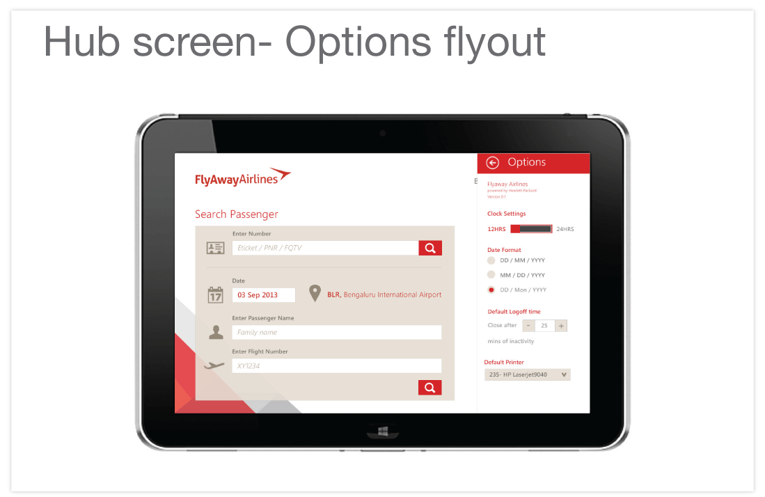 Hub screen visual design using red theme with Options open